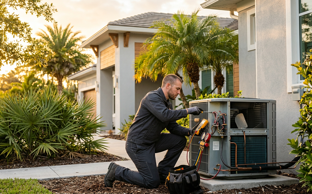 AG Service technician servicing an outdoor air conditioner at a Tampa home